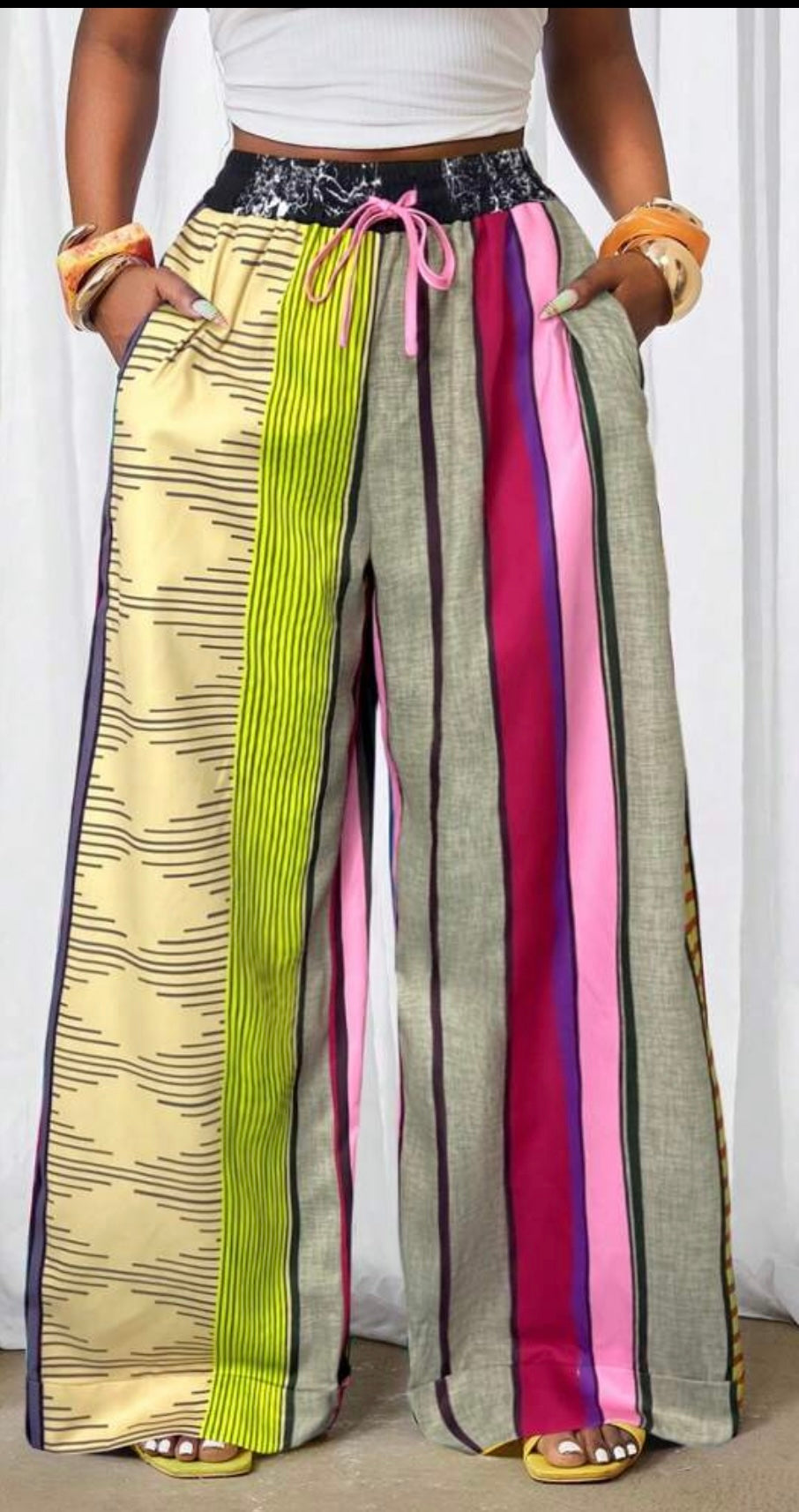 Color Blocked Loose Oversized Pants Legs, Retro Printed Design, Wide Leg Pants size large