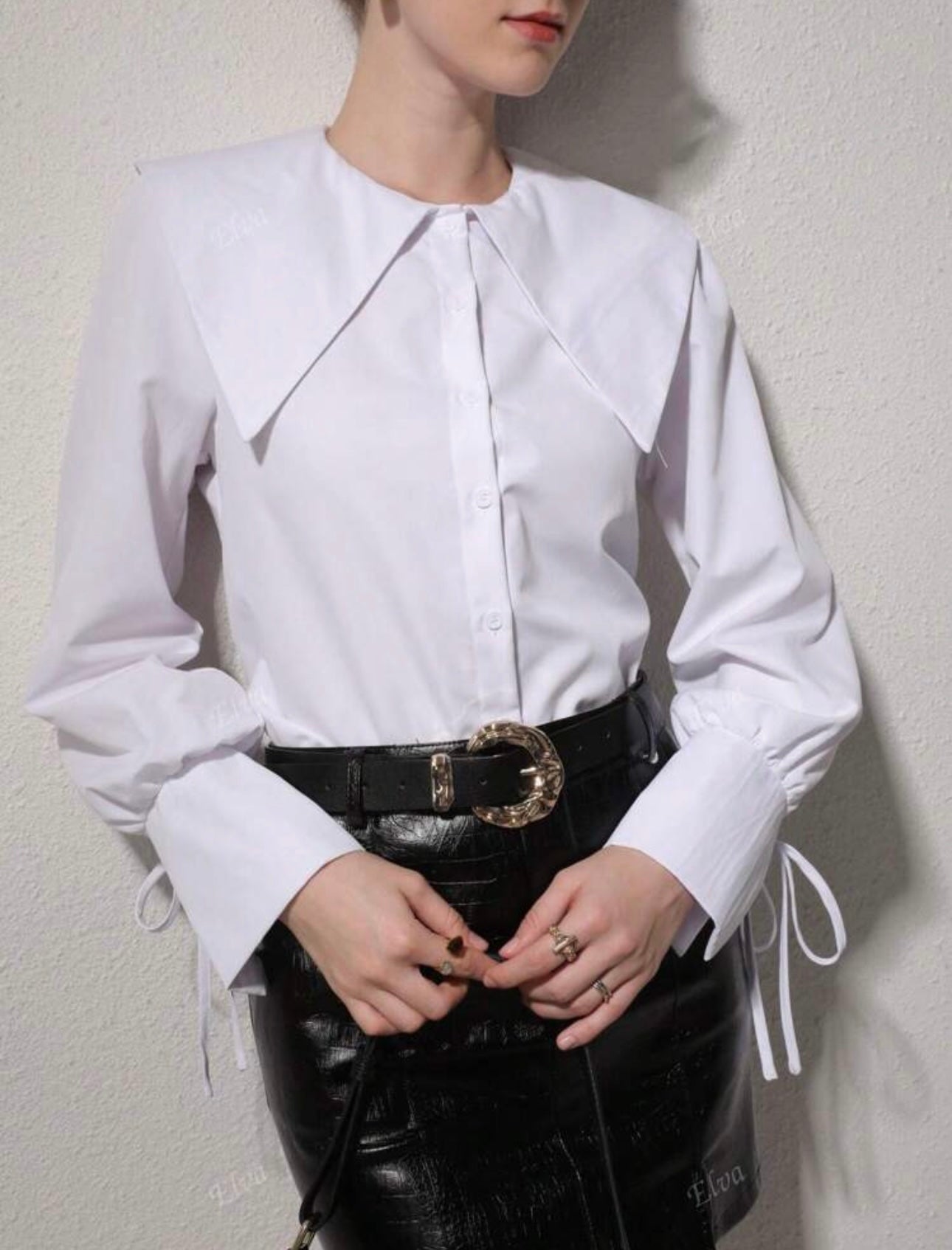Pointed Collar Solid White Front Button Long Sleeve Shirt - size 12 /xl
