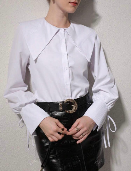 Pointed Collar Solid White Front Button Long Sleeve Shirt - size 12 /xl