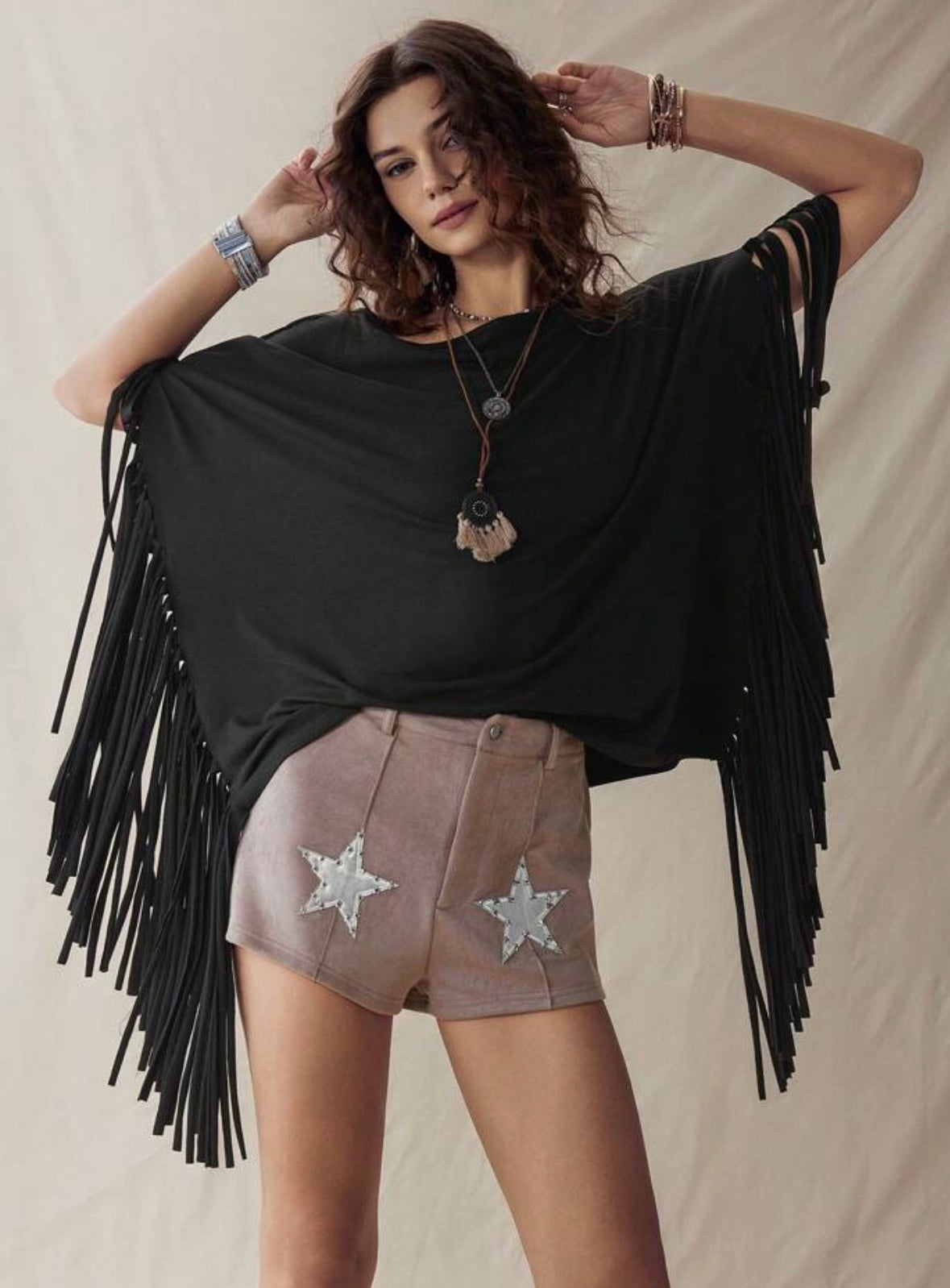 Wildy Oversized Black Fringed Loose Fitting Chic Top size 8/10 Large