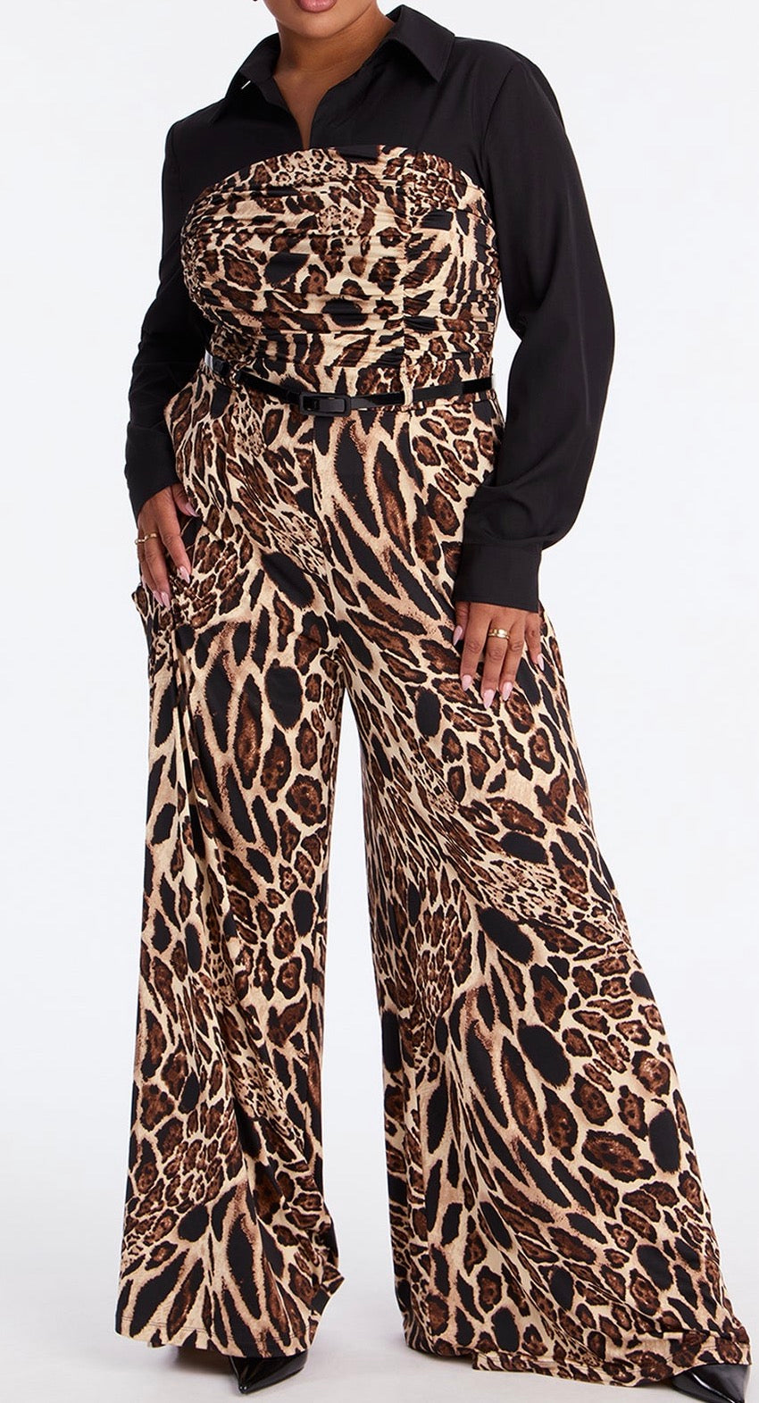 Gorgeous animal print and black jumpsuit