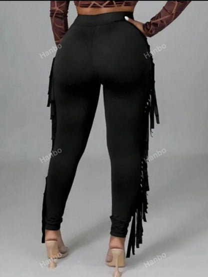 High Waisted Solid Black Tassel Pants -size 2xl/16