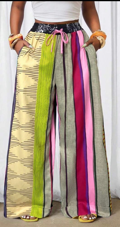 Color Blocked Loose Oversized Pants Legs, Retro Printed Design, Wide Leg Pants size large