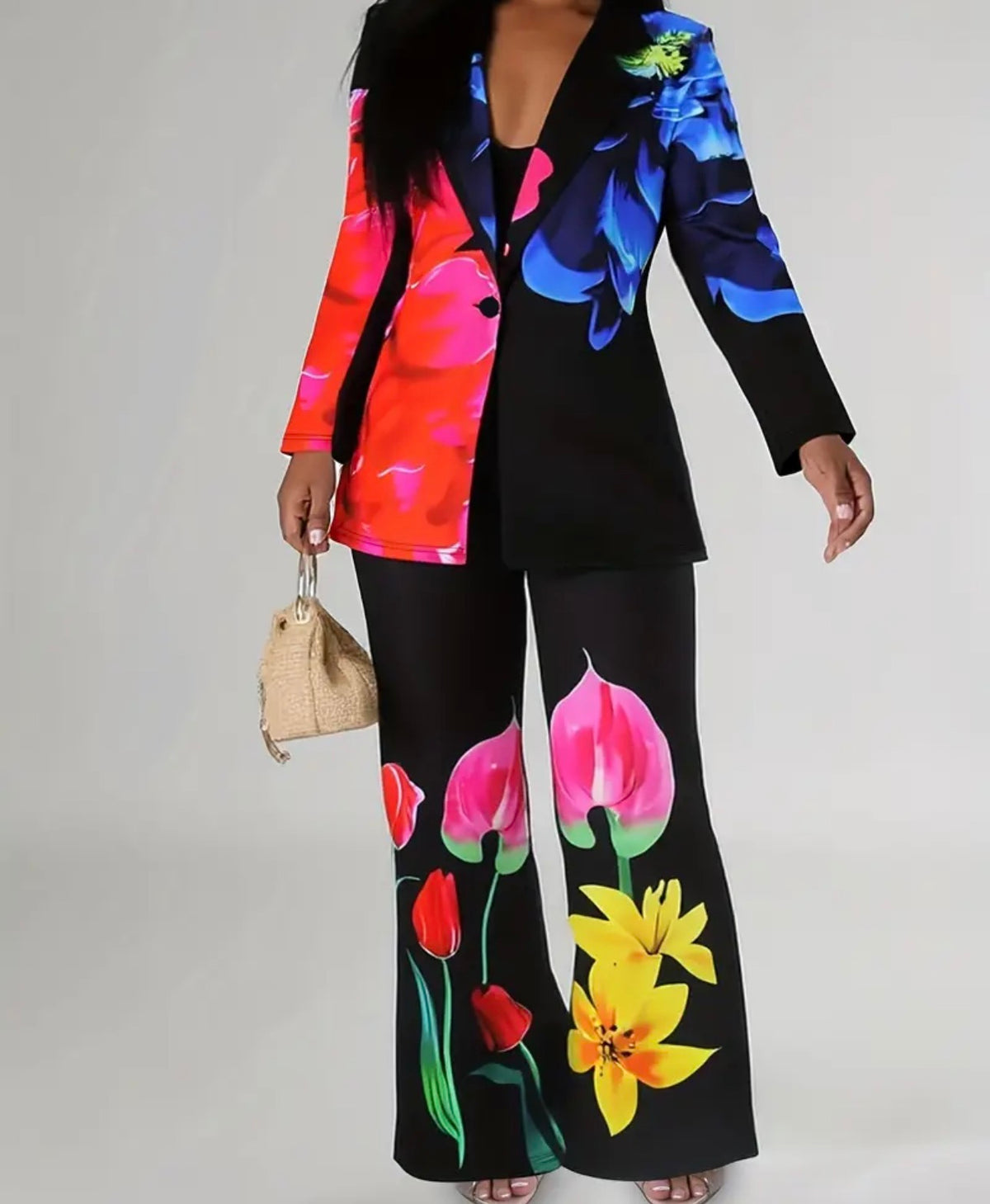 Black floral pants set size extra large