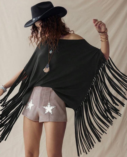 Wildy Oversized Black Fringed Loose Fitting Chic Top size 8/10 Large