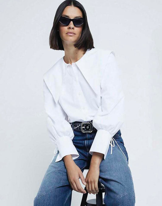 Pointed Collar Solid White Front Button Long Sleeve Shirt - size 12 /xl