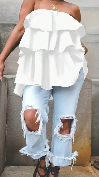 Women's Casual Solid Color Ruffled Strapless Top size xl
