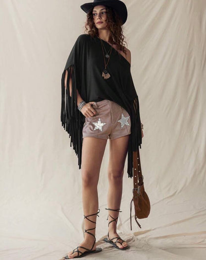Wildy Oversized Black Fringed Loose Fitting Chic Top size 8/10 Large